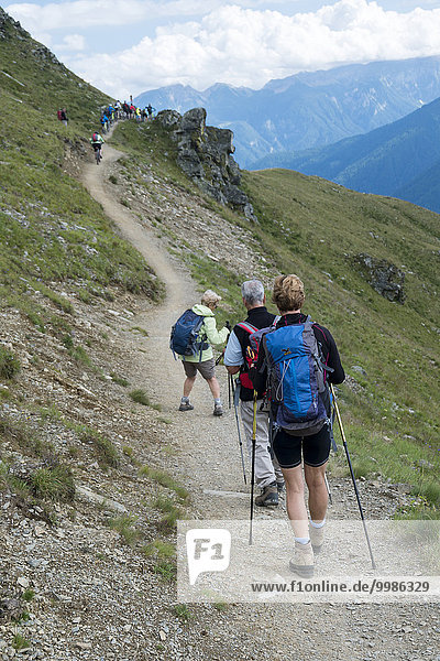 Italy  Trentino  Alps  Stelvio National Park  MTB riders and hikers along the trail to Lago Corvo Hut