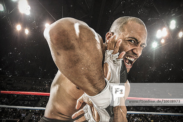 Bald male athlete in a fighting pose