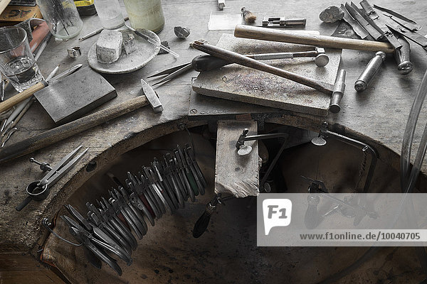 Work tools on workbench in workshop  Bavaria  Germany