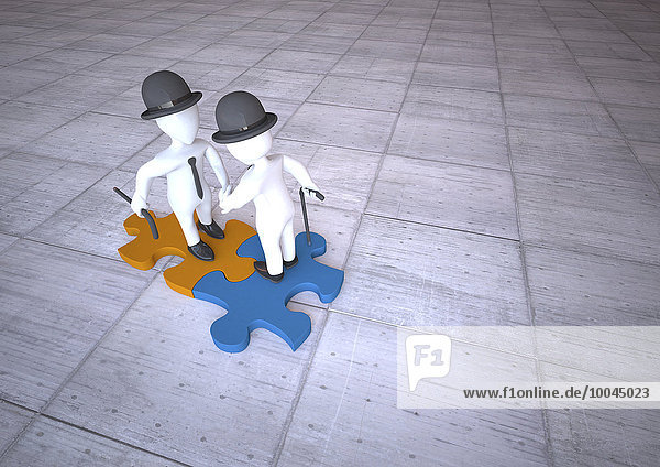 Zwei Manikins beim Händeschütteln auf Puzzleteil  3D-Darstellung