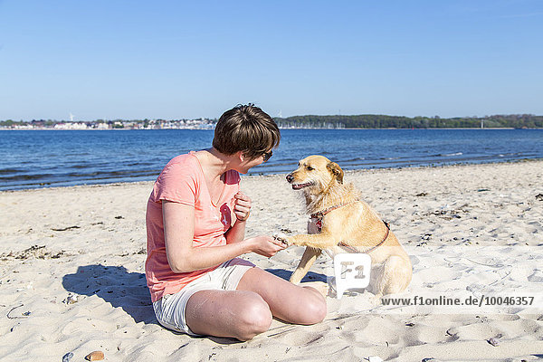 Deutschland  Kiel  Frau sitzend mit ihrem Hund am Sandstrand