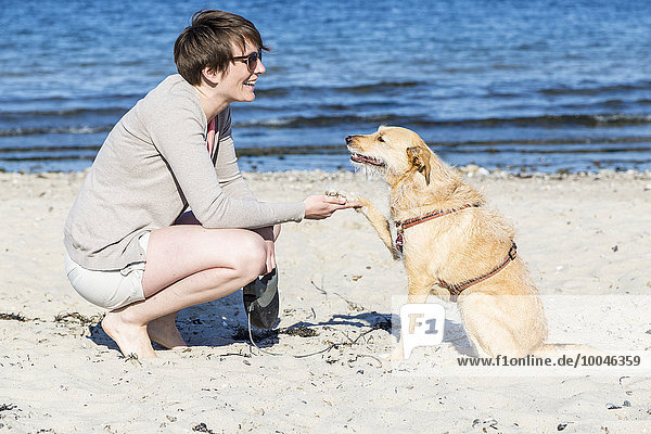 Deutschland  Kiel  Frau mit Hund am Sandstrand