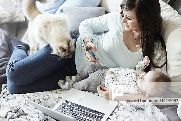 Junge Mutter und Baby auf der Couch liegend mit Katze und Laptop