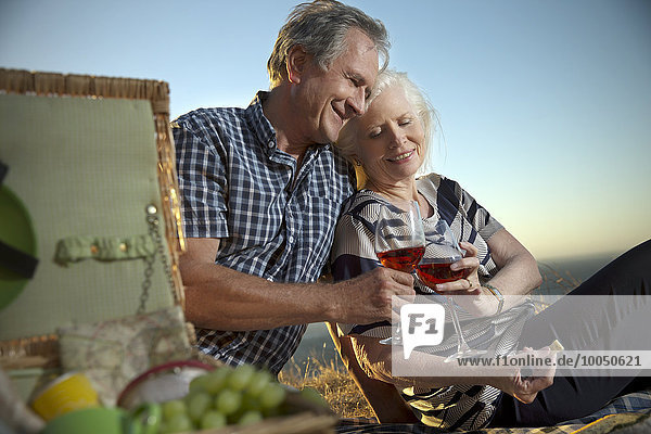 Südafrika  glückliches Seniorenpaar beim Picknick-Toasting mit Gläsern Rotwein