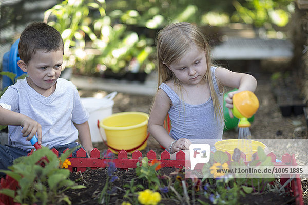 Little boy and girl gardening and watering plants