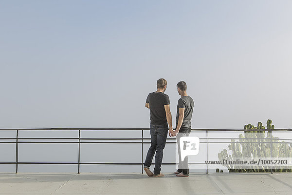 Schwules Paar auf dem Balkon stehend