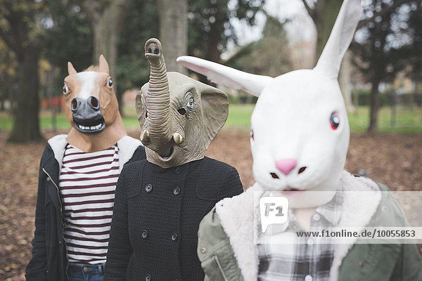Drei Schwestern mit Tiermasken  die im Park posieren.