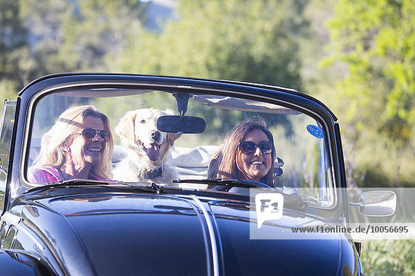 Zwei reife Frauen  im Cabriolet  mit Hund  lächelnd