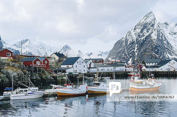 Reine Fischerdorf mit schneebedeckten Bergen  Norwegen