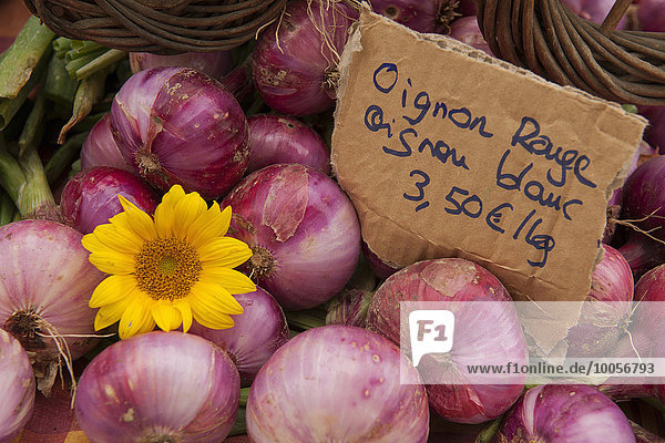 Traditioneller französischer Marktstand mit Zwiebeln  Issigeac  Frankreich