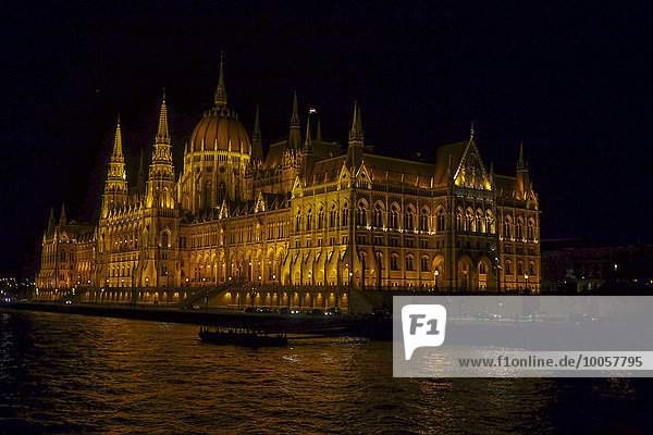 Blick auf die Donau und das ungarische Parlament bei Nacht  Budapest  Ungarn