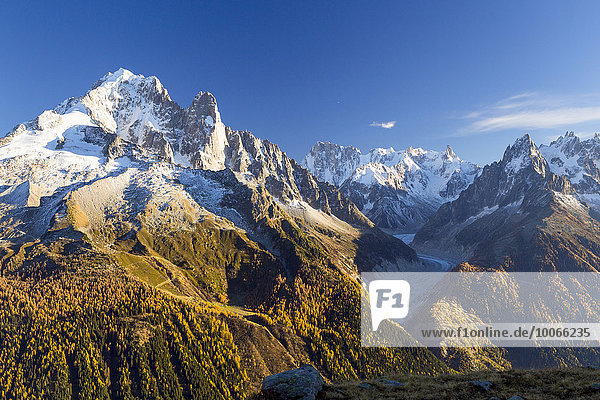 Gletscher Mer de Glace von Gipfeln des Mont Blanc Massivs umgeben  Chamonix-Mont-Blanc  Rhône-Alpes  Frankreich  Europa