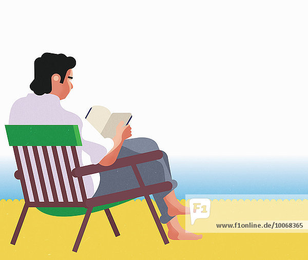 Sitzender Mann liest entspannt ein Buch am Stand