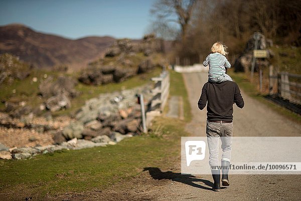 Father carrying son on shoulders  walking on path  rear view