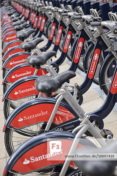 Santander Cycle Hire Boris Bikes at a docking station  London  England  United Kingdom  Europe