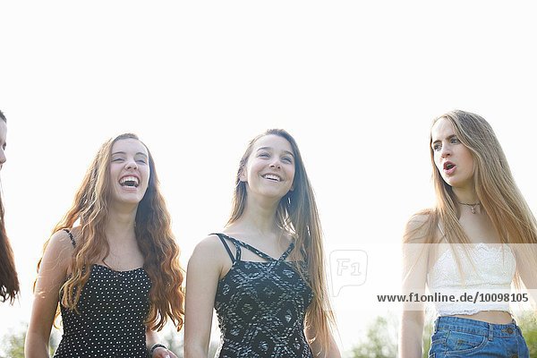 Vier Teenager-Mädchen lachen und plaudern im Park