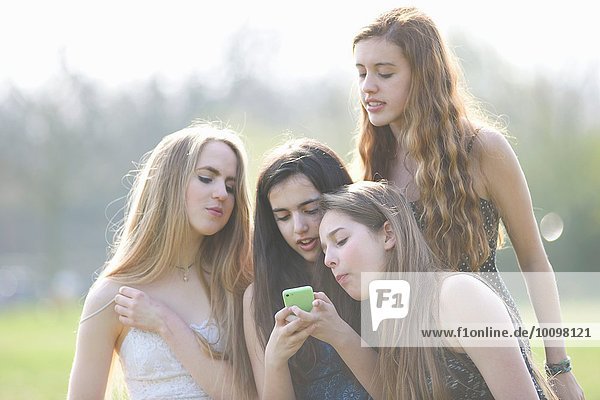 Vier Teenager-Mädchen beim Lesen von Smartphone-Texten im Park