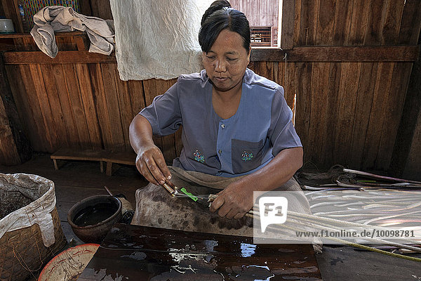 Manufacture of silk threads from the stems of lotus plants  lotus weaving  Paw Khone  Inle lake  Shan State  Myanmar  Asia