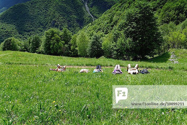 Five mature hikers lying in meadow taking a break