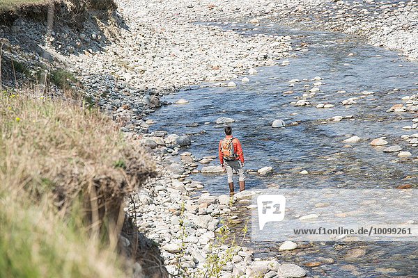Rückansicht eines jungen Mannes  der über den Fluss Toce  Vogogna  Verbania  Piemonte  Italien wandert.