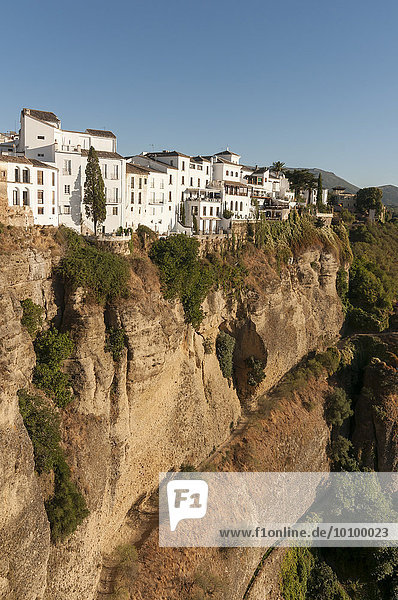 Weiß getünchte Häuser oberhalb der El Tajo-Schlucht  Ronda  Andalusien  Spanien  Europa