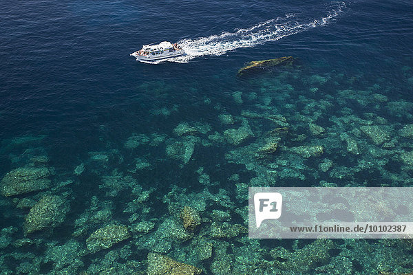 High angle view of a cruise ship on the Mediterranean Sea near Bonifacio on Corsica.