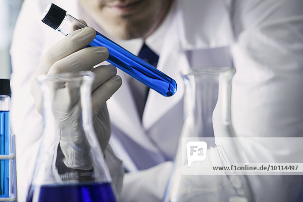 Chemiker untersucht Reagenzglas mit blauer Flüssigkeit,  beschnitten