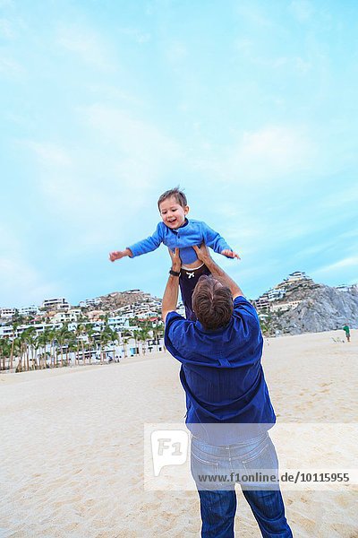 Father lifting son  on beach  rear view