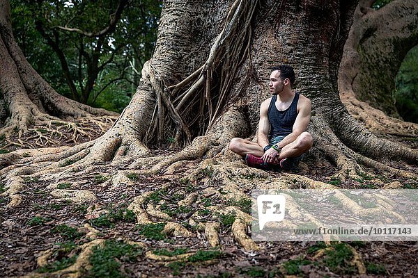 Junger Mann im Park Baumwurzeln  Sao Paulo  Brasilien