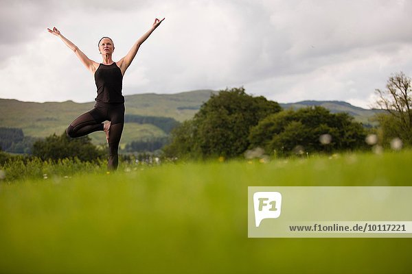 Reife Frau  die Yoga-Baum-Pose im Feld praktiziert