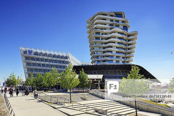 Unileverzentrale und Marco-Polo-Tower am Strandkai in der Hafencity  Hamburg  Deutschland  Europa