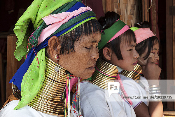 Frauen vom Volkstamm der Padaung in typischer Kleidung und Kopfbedeckung  Halsschmuck  Inle-See  Shan-Staat  Myanmar  Asien