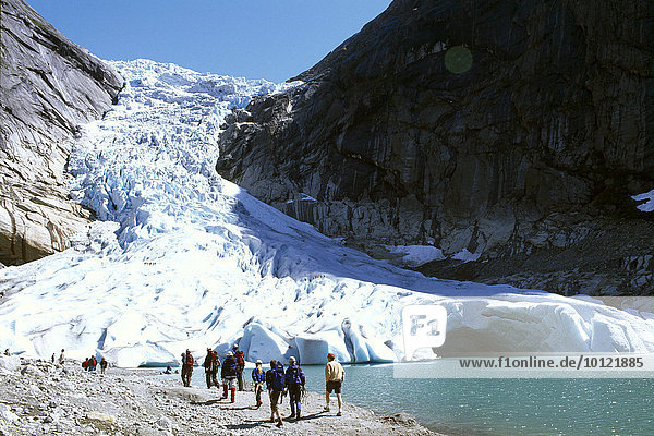 Tourists in front of the Jostedalsbreen  Jostedal Glacier  Norway  Scandinavia  Europe