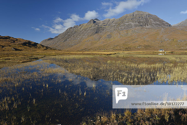 Lake in front of Liathach with reflection  Glen Torridon  Beinn Eighe National Nature Reserve  SNH  Kinlochewe Scottish Highlands  Wester Ross  Scotland  United Kingdom  Europe