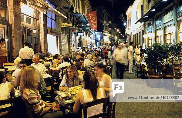 Outdoor Restaurants in the historical neighbourhood of Plaka in Athens  Greece  Europe