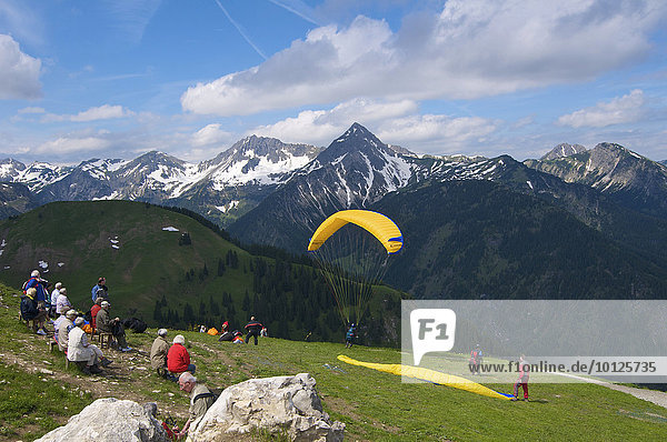 Paragliders on Mt. Neunerkoepfle  Tannheim  Tannheimer Tal valley  Allgaeu  Tyrol  Austria  Europe
