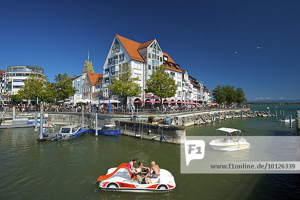 Pedal boats in the harbor of Friedrichshafen  Lake Constance  Baden-Wuerttemberg  Germany  Europe