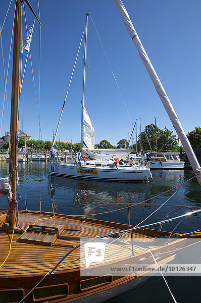 Sailboat in the harbor of Langenargen  Lake Constance  Baden-Wuerttemberg  Germany  Europe