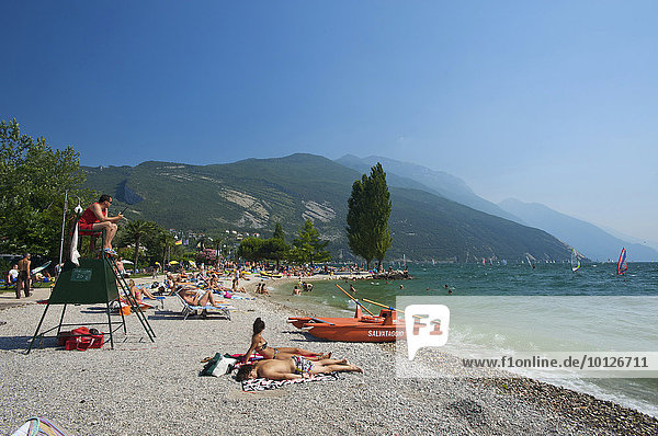 Surfing beach in Torbole on Lake Garda Trentino Italy Europe