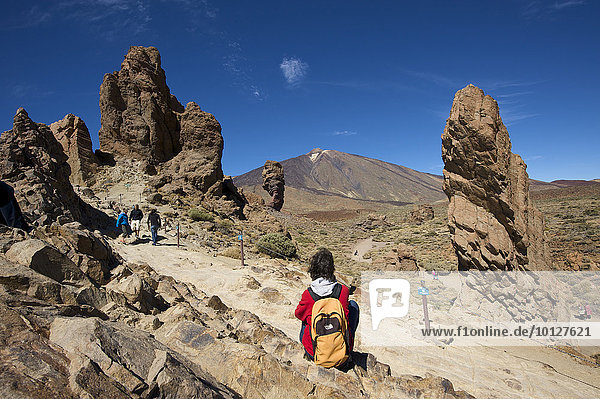Female hiker  Los Roques in the Parque Nacional del Teide  Tenerife  Canary Islands  Spain  Europe