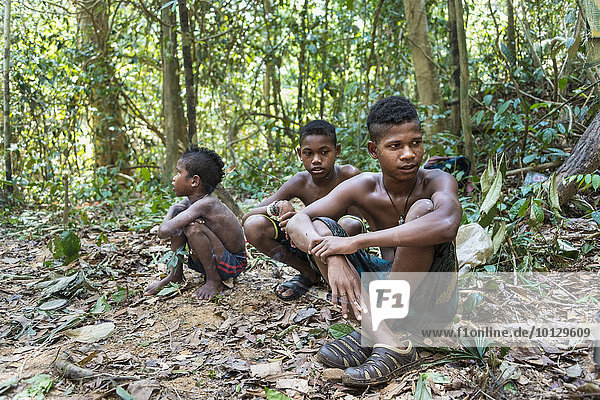 Drei Jungen der Orang Asil sitzen auf dem Boden im Dschungel  Ureinwohner  indigenes Volk  tropischer Regenwald  Nationalpark Taman Negara  Malaysia  Asien