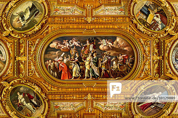 Coffered ceiling with the main painting of Sapientia and other paintings  Golden Hall  Grand Hall of the late Renaissance  designed by Johann Matthias Kager  town hall  Augsburg  Swabia  Bavaria  Germany  Europe