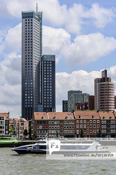 Business and apartment buildings  boat on the New Meuse  Rotterdam  Holland  The Netherlands  Europe