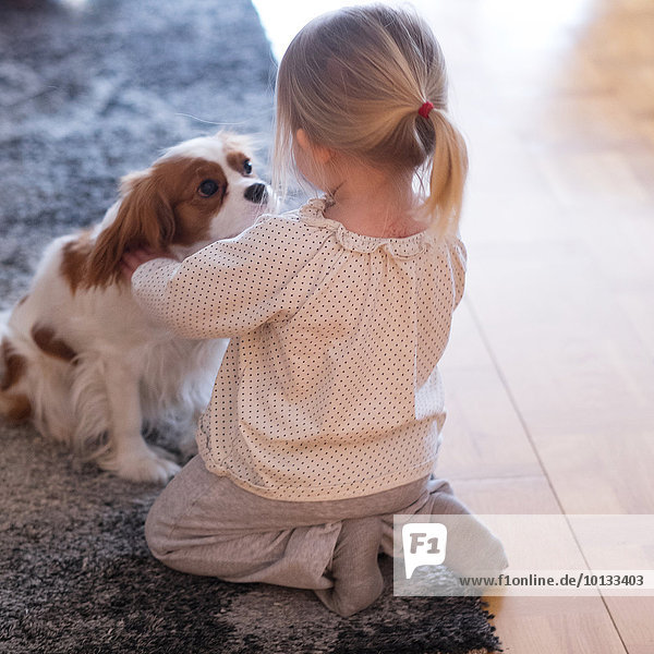 Girl playing with dog at home