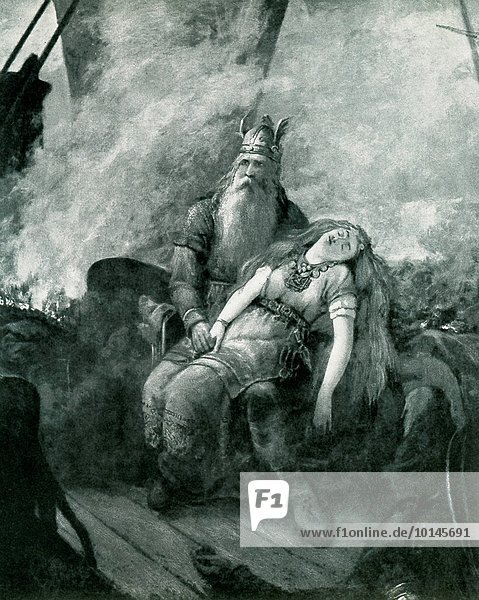 The title of this piece is Road to Valhalla and was done by the Swedish painter and photographer Severin Nilsson (died 1918). The illustration dates to 1908 and shows the god Odin aboard a burning Viking ship. With him. According to Norse mythology the Valkyries were the daughters or attendants of Odin the chief god (also called Wotan). The Norse believed the Valkyries came to battlefield chose those who would die and carried them back to Valhalla.