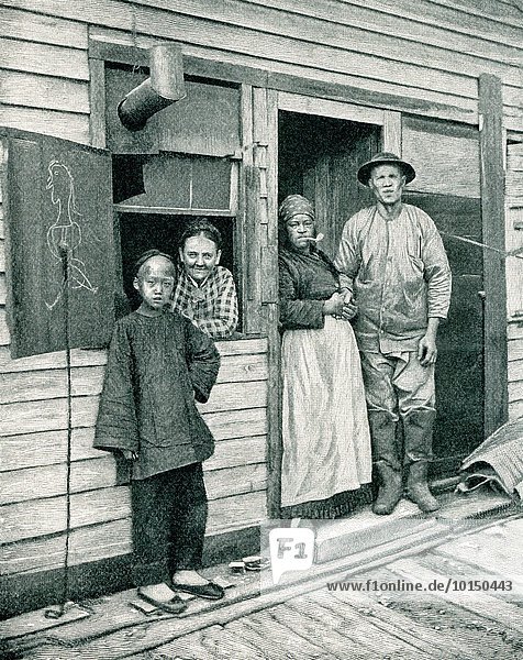 This image is from a photograph taken by American photographer I.W. Taber (1830-1912) shows a family in the Highbinders' Quarter in San Francisco. Highbinders refers to an area in a U.S. city that is heavily populated by Chinese an area also commonly referred to as Chinatown.