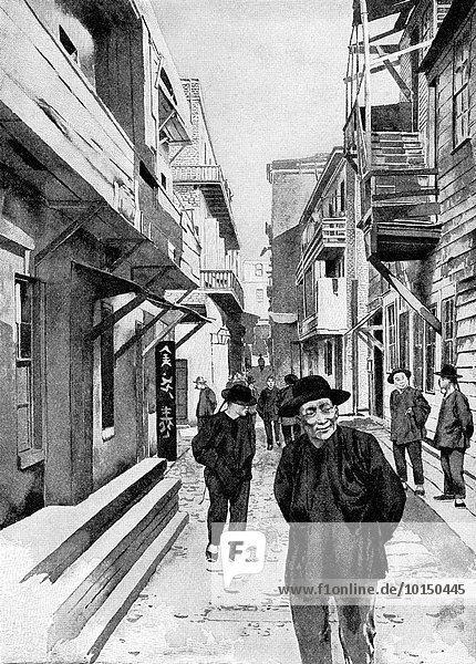This 1896 illustration of an alley in San Francisco's Chinatown at the time. It is based on a photograph by California photographer I.W. Taber (1830-1912).