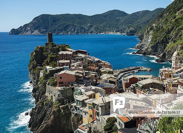 Bunte Häuser an Steilküste  Ausblick auf Vernazza  La Spezia  Cinque Terre  Ligurien