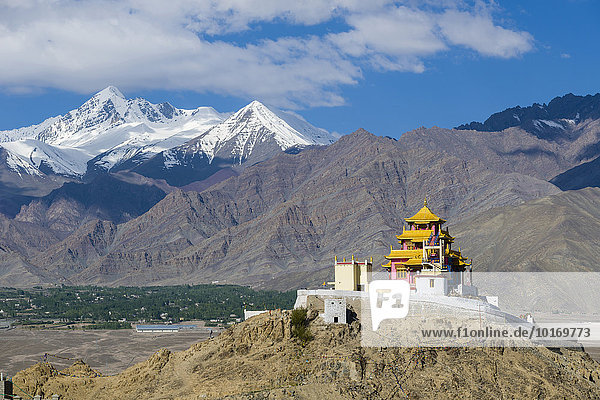 Das Kloster Samdok Palgeri Gompa auf einem Hügel hoch über Choglomsar  Indus-Tal mit schneebedeckten Bergen hinten  Leh  Jammu und Kaschmir  Indien  Asien