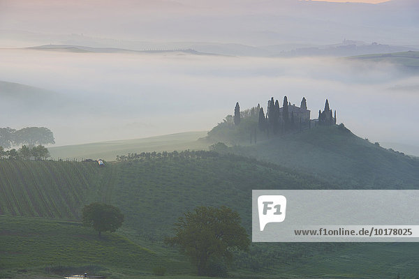 Podere Belvedere farmhouse  view of the Orcia Valley  at sunrise in the fog  San Quirico d'Orcia  Orcia Valley  Tuscany  Italy  Europe